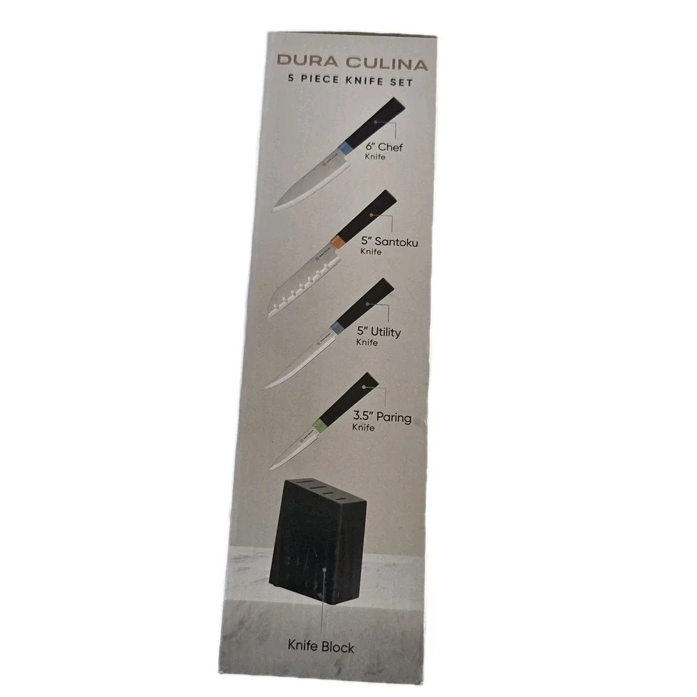 Dura Culina 5pc High Carbon Stainless Steel Kitchen Knife Set Storage Block‎ NEW